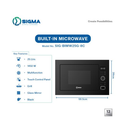 SIGMA BUILT-IN MICROWAVE 25L 60CM FULL BLACK GLASS MIRROR SIG-BIMW25G-8C - CompuGhana