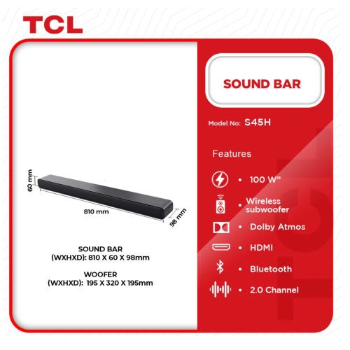 TCL 100W 2.0CH PRO AIO S45H SOUND BAR - CompuGhana