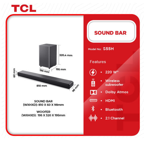 TCL 220W 2.1CH PRO SUPER BASS S55 SOUND BAR