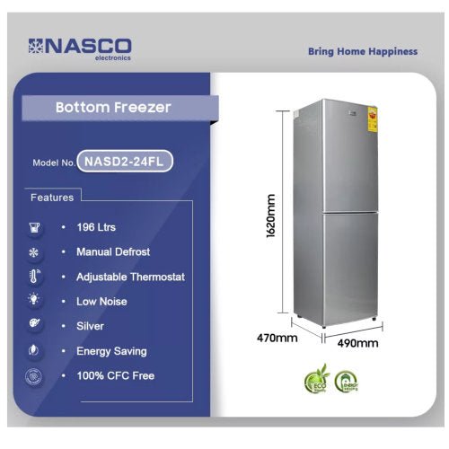NASCO NASD2 - 24FL 196L BOTTOM FREEZER FRIDGE - LIGHT GRAY - CompuGhana
