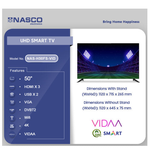 NASCO 50”UHD SMART FLAT VIDAA-NAS-H50FS-VID TELEVISION