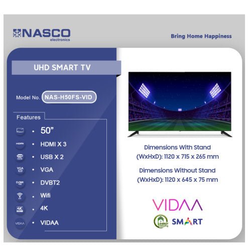 NASCO 50”UHD SMART FLAT VIDAA - NAS - H50FS - VID TELEVISION - CompuGhana