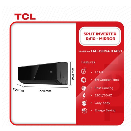TCL 1.5HP SPLIT INVERTER R410 TAC - 12CSA/XA82I BLACK MIRROR AIR CONDITIONER - CompuGhana