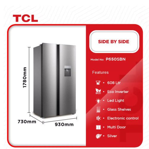 TCL SIDE BY SIDE 608L P650SBN FRIDGE - SILVER - CompuGhana