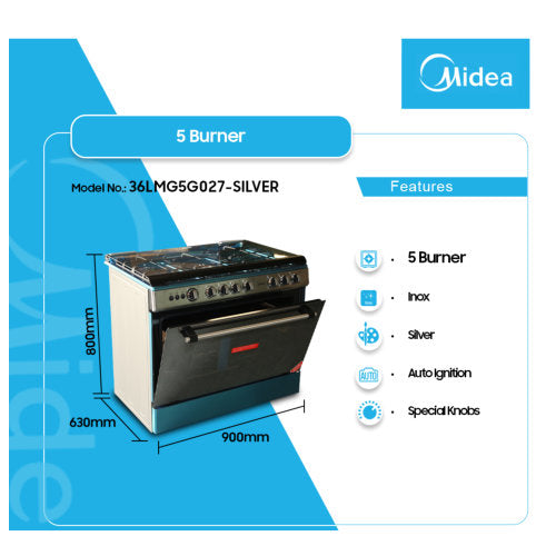 MIDEA 90x60 GAS COOKER WITH GRILL - SILVER