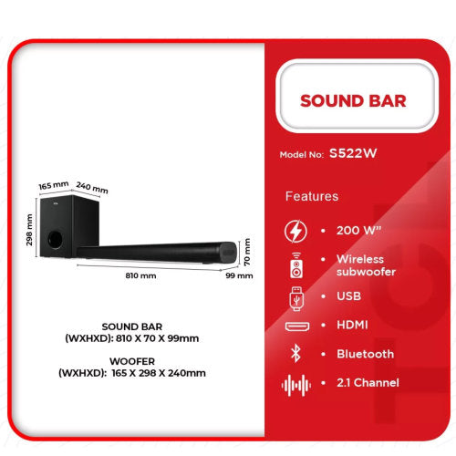 TCL 200W 2.1CH WIFI WIRELSS SUBWOOFER S522W SOUND BAR