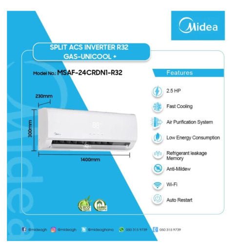 MIDEA 2.5HP R32 UNICOOL+ INVERTER AIR CONDITIONER - CompuGhana