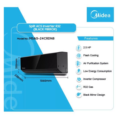 MIDEA 2.5HP R32 INVERTER MSAG-24CRDN8 BLACK MIRROR AIR CONDITIONER - CompuGhana