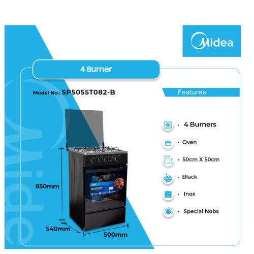 MIDEA 50X50 4 BURNERS SP5055T082-B GAS COOKER BLACK MIRROR
