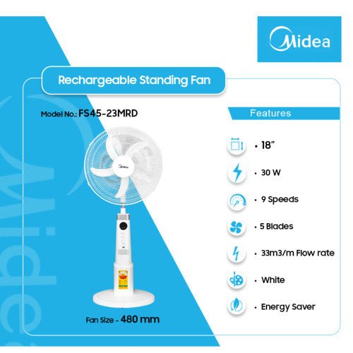 MIDEA 18 INCH RECHARGEABLE 9 HOURS TIMER STANDING FAN - CompuGhana