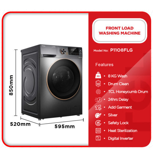 TCL 8KG P1108FLG FRONT LOAD INVERTER WASHING MACHINE - SILVER