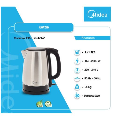 Midea 1.7Ltrs Electric Kettle Stainless Steel - CompuGhana