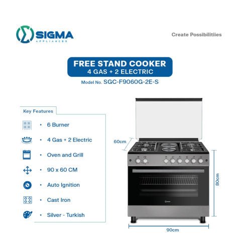 SIGMA 50X55 3 BURNERS GAS + 1 ELECTRIC OVEN GRILL GAS COOKER SILVER - CompuGhana