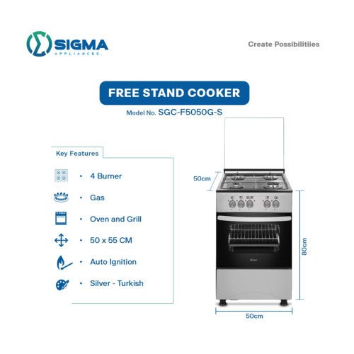 SIGMA 50X55 4 BURNERS GRILL STAINLESS STEEL GAS COOKER - SILVER - CompuGhana