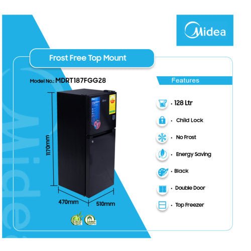MIDEA MDRT187FGG28 128L FRIDGE BLACK - CompuGhana