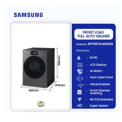 SAMSUNG 26KG WF90F26ADSNQ FRONT LOAD BESPOKE AI WASHING MACHINE F DARK GRAY - CompuGhana