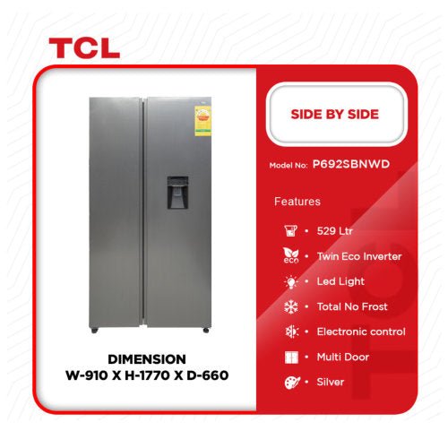 TCL 529L P692SBNWD SIDE BY SIDE FRIDGE INOX - CompuGhana