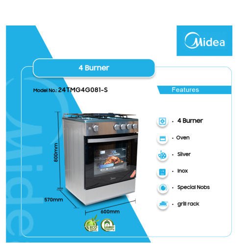 MIDEA 60X60 4 BURNERS GRILL GAS COOKER 24TMG4G081 - S SILVER - CompuGhana