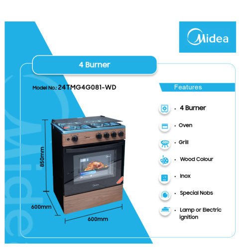 MIDEA 4 BURNERS 60X60 GRILL WOOD GAS COOKER 24TMG4G081 - WD - CompuGhana