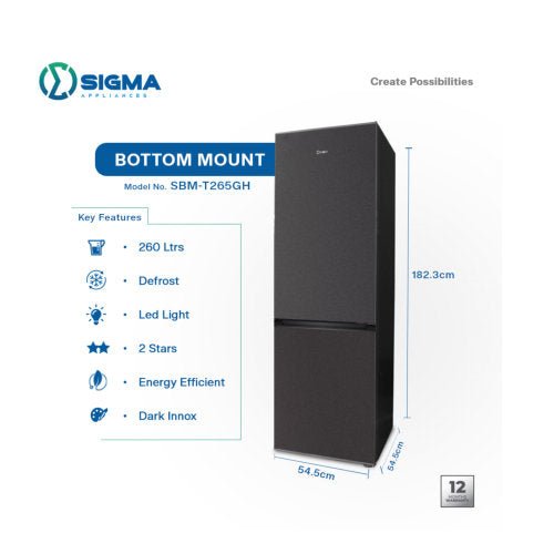 SIGMA 260L BOTTOM MOUNT FRIDGE DARK SILVER SBMF - T265GH - CompuGhana