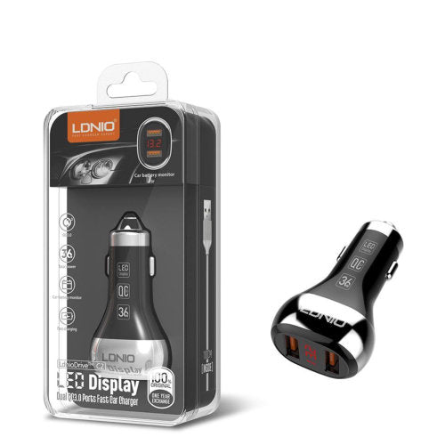 LDNIO CAR FAST CHARGER LED DISPLAY 2 USB QC3.0 TYPE - C TO TYPE - C C2 - CompuGhana
