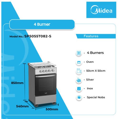 MIDEA GC SP5055T082 - S 50X50 4 BURNERS GAS COOKER - SILVER MIRROR - CompuGhana