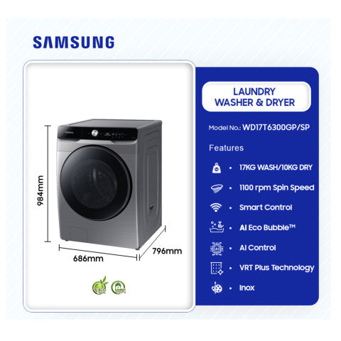 SAMSUNG WD17T6300GP 17KG/10KG WASHING MACHINE AND DRYER