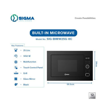 SIGMA BUILT-IN MICROWAVE 25L 60CM FULL BLACK GLASS MIRROR SIG-BIMW25G-8C