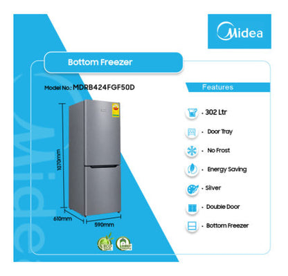 Midea 310L Mdrb424fgf50d Bottom Freezer Fridge Silver