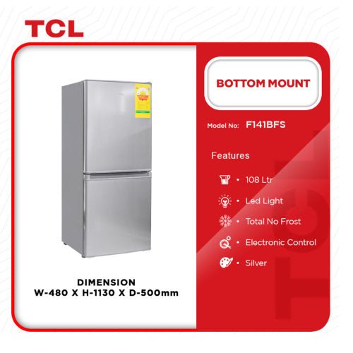 TCL 108L FRIDGE BOTTOM MOUNT SILVER F141BFS - CompuGhana
