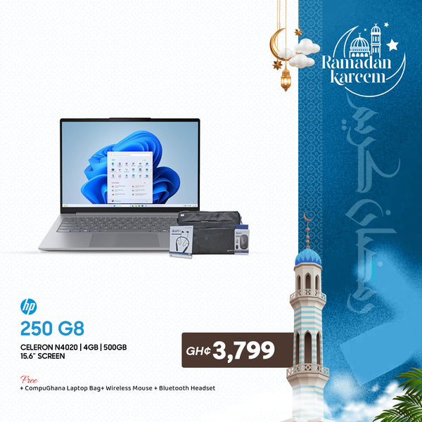 HP 250 G8 CELERON N4020 4GB 500GB 15.6" FREEDOS LAPTOP + FREE CompuGhana Laptop Bag, Mouse & Headset