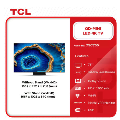 TCL QLED 75C755 QD-MINI LED 4K SMART TELEVISION