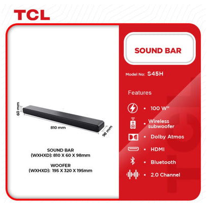 TCL 100W 2.0CH PRO AIO S45H  SOUND BAR