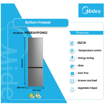 MIDEA 262L MDRB369FGN02 BOTTOM FREEZER REFRIGERATOR