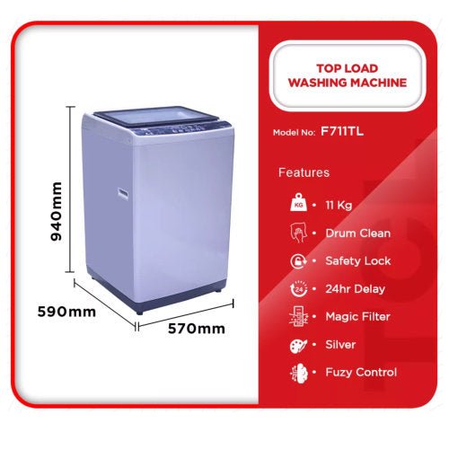 TCL F711TL 11KG TOP LOAD WASHING MACHINE - SILVER - CompuGhana