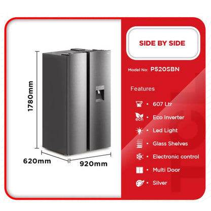 TCL 607L SIDE BY SIDE FRIDGE SILVER - P520SBN