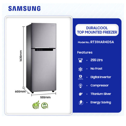 SAMSUNG 255L DURACOOL TOP MOUNTED FREEZER FRIDGE - SILVER