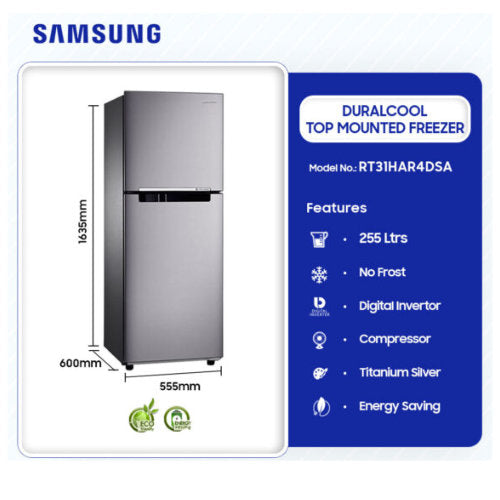 SAMSUNG 255L DURACOOL TOP MOUNTED FREEZER FRIDGE - SILVER