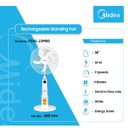 MIDEA 18 INCH RECHARGEABLE 9 HOURS TIMER STANDING FAN