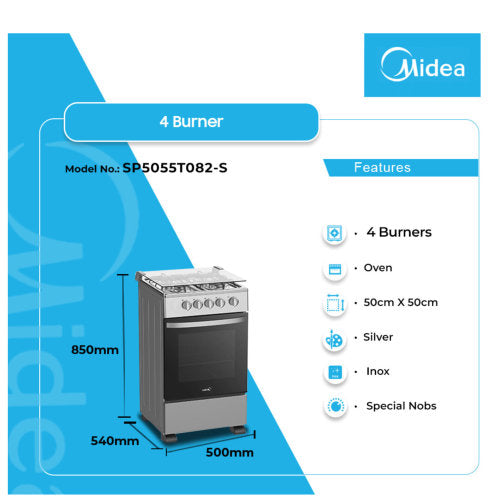 MIDEA 50X50 4 BURNERS GAS COOKER WITH GRILL