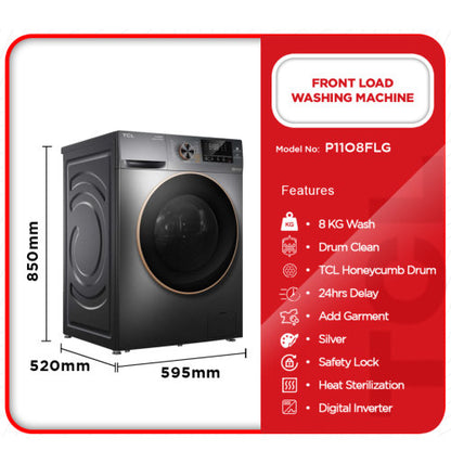 TCL 8KG P1108FLG  FRONT LOAD INVERTER WASHING MACHINE - SILVER