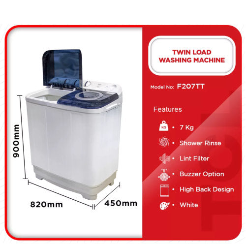 TCL F207TT 7KG TWIN TOP WASHING MACHINE - WHITE