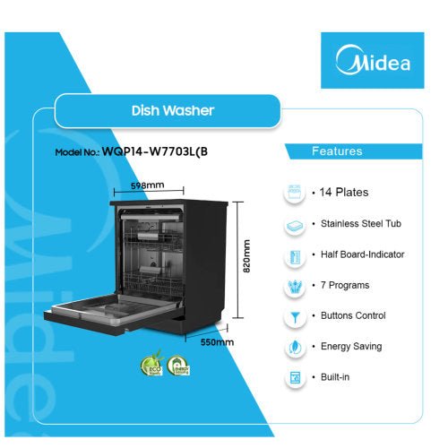 MIDEA DISHWASHER BUILT - IN 14 PLATES BLACK WQP14 - W7703L(B) - CompuGhana