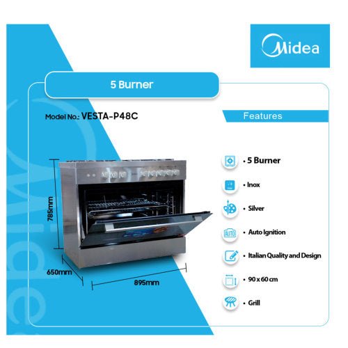 Midea 90X60 5 Burner Gas Cooker With Oven And Grill Industrial - CompuGhana