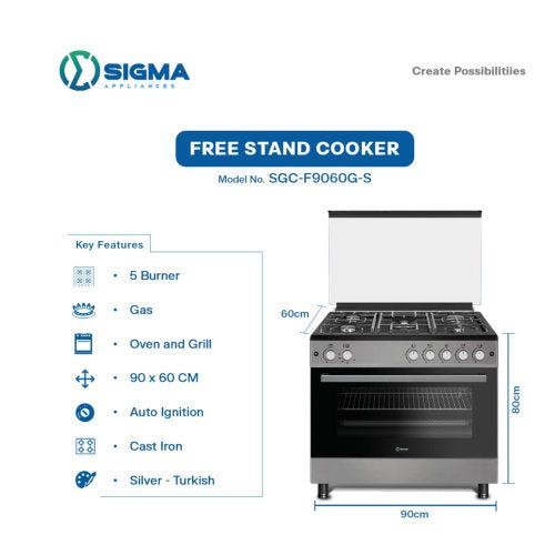 SIGMA 90X60 5 BURNERS GAS OVEN GRILLGAS COOKER SILVER - CompuGhana