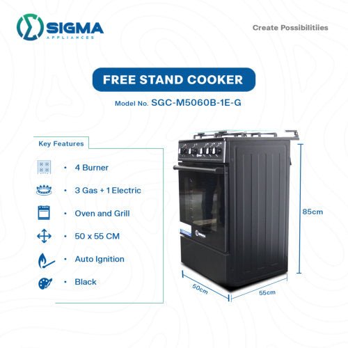 SIGMA 50X55 3 BURNERS GAS + 1 ELECTRIC OVEN GRILL GAS COOKER BLACK - CompuGhana