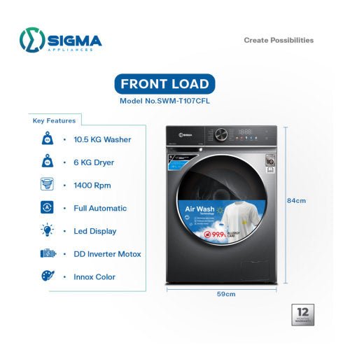 SIGMA COMBO 10.6KG/6KG WASHING MACHINE DARK GREY SWM - T107CFL - CompuGhana