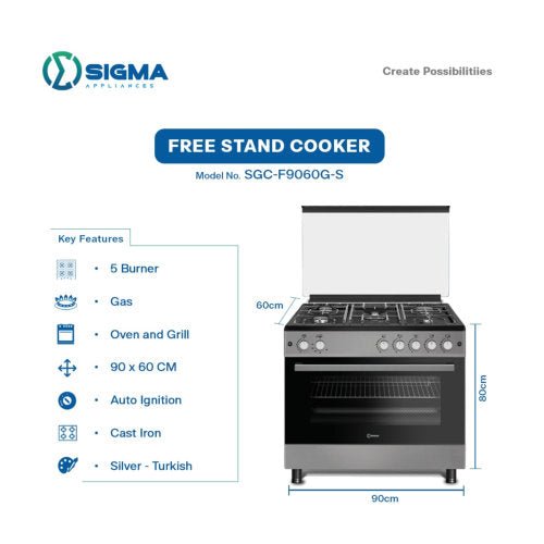SIGMA 90X60 5 BURNERS GAS OVEN GRILL GAS COOKER STAINLESS STEEL - CompuGhana