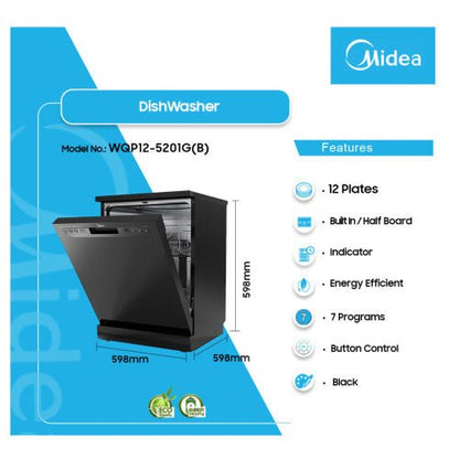 MIDEA DISHWASHER FREE STAND 12 PLATES BLACK WQP12 - 5201G(B) - CompuGhana