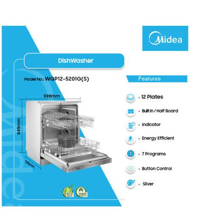 MIDEA DISHWASHER FREE STAND 12 PLATES SILVER WQP12 - 5201G(S) - CompuGhana
